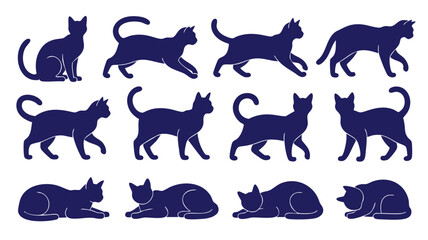 Fototapeta premium A set of twelve stylized, dark blue cat silhouettes in various poses, including sitting, running, and resting