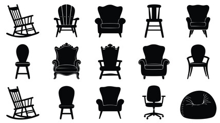 This image showcases a diverse range of chair silhouettes in black and white