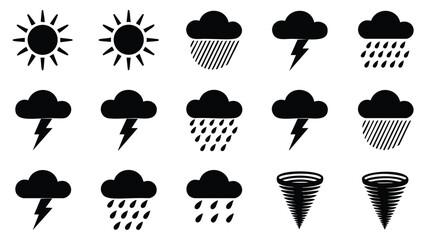 This image features a set of weather icons, including sun, cloud, rain, lightning, and a tornado