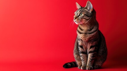 Elegant Tabby Cat Posing Against a Vibrant Red Background