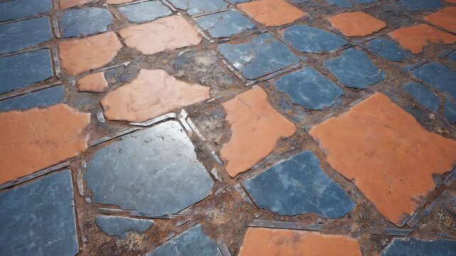 Detailed close-up of weathered paving stones, featuring a patchwork of blue slate and textured orange bricks with metal accents and grout