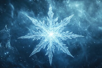 Intricate snowflake pattern glistening in a cosmic blue environment