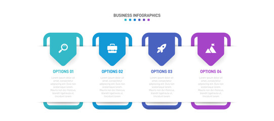 Horizontal progress bar featuring 4 arrow-shaped elements, symbolizing the four stages of business strategy and progression. Clean timeline infographic design template. Vector for presentation