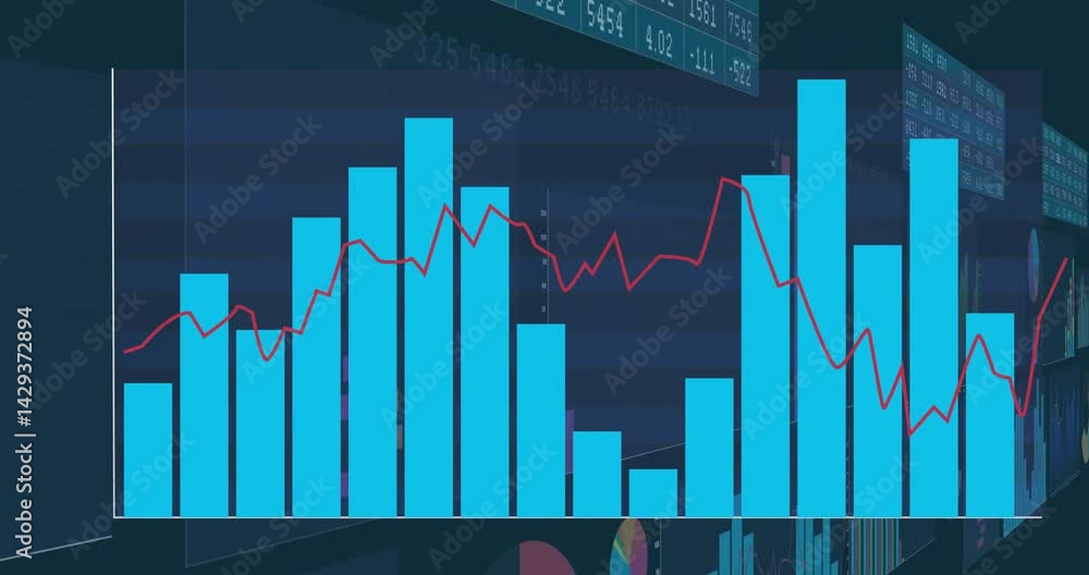 Poster data analytics dashboard showing streaming turquoise bars rising on axis, overlaying red trend line
