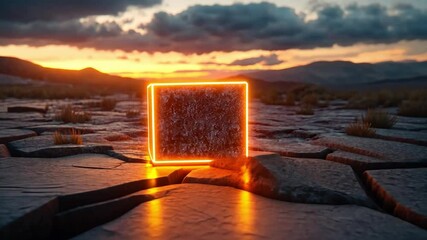 Glowing Cube at Sunset: A Surreal Landscape - Powered by Adobe