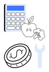 Calculator, apple, broccoli, dollar coin, and wrench representing budgeting, health, tools, and finance. Ideal for finance planning nutrition wellness economy repair analysis simple landing