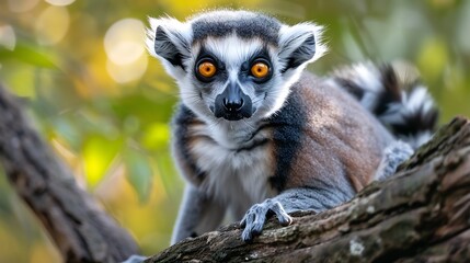 Obraz premium Curious ring tailed lemur sitting on a tree branch bright orange eyes looking at the camera black and white striped tail curled behind it