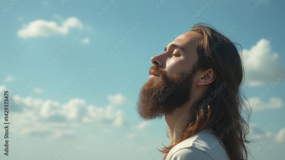 Aufkleber man with a beard is looking up at the sky. he is in a peaceful and contemplative mood