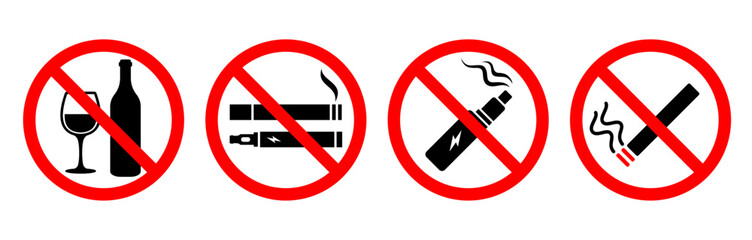 no smoking or vaping or alcohol sign set for print. warning notice sign for hotel, hospital, office, school, college, restaurant etc public place. danger sign silhouette icon illustration set on white