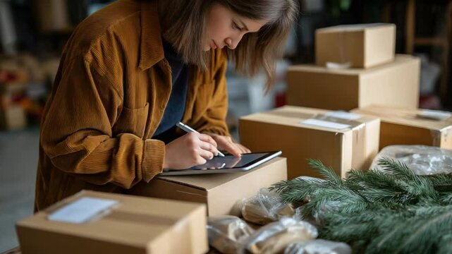 Woman preparing next order by checking packing list digitally