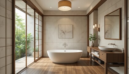 Modern bathroom with a freestanding tub, wood accents, and natural light creates a relaxing spa experience at home.