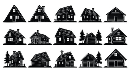 A collection of black silhouette illustrations of different rustic houses, including log cabins and A-frame cottages, situated on grassy plots