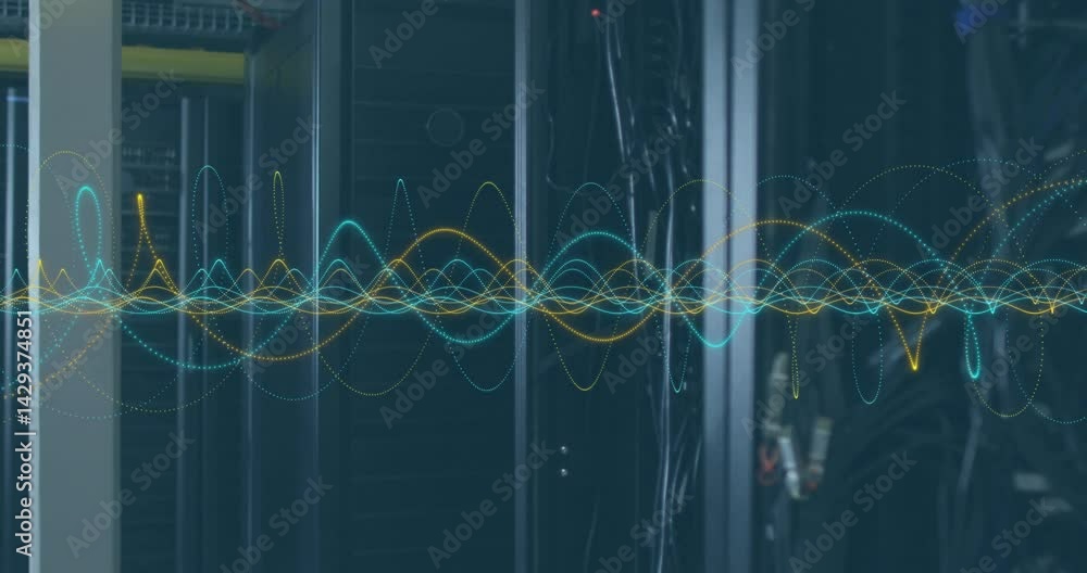 Poster server rack cabinet getting highlighted by multicolored data waveforms looping over network cables