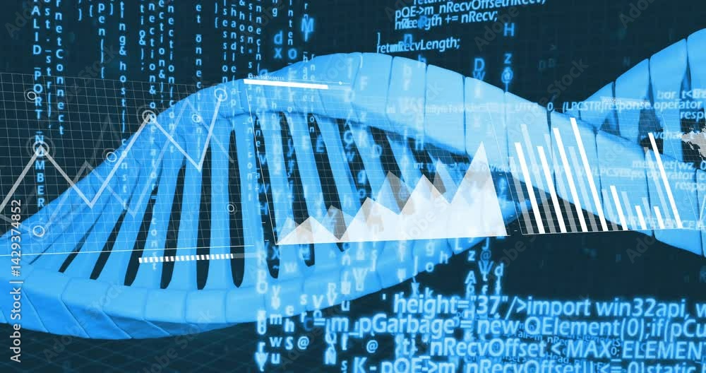 Poster dna double helix being visualized in 3d stretching across frame with data graphs and code overlays