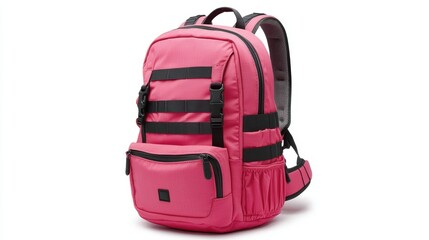 Fototapeta premium Bold graphic pink backpack with reflective accents, ergonomic design, and durable water-resistant exterior, isolate on white background