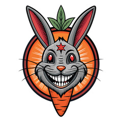 Create a digital painting of a demonic rabbit head, featuring stitched-up lips revealing a sinister grin and piercing eyes.  The style should be dark fantasy.