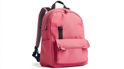 Pink backpack with urban graphic design, padded shoulder straps, and spacious front pocket, isolate on white background