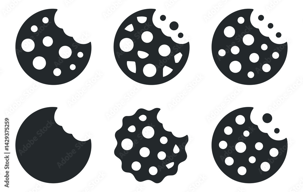Poster chocolate chip cookie icon set with bite marks vector graphic silhouette bitten cookie design elemen
