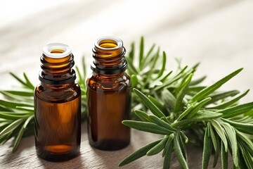 Rosemary Essential Oil in Amber Bottles, Aromatic Herbal Remedy