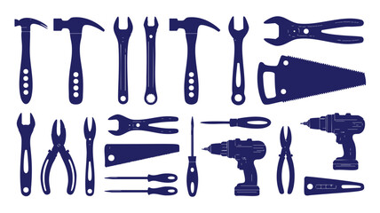 A comprehensive set of hand tools, including hammers, wrenches, screwdrivers, saws, pliers, and a drill, depicted in a bold, dark blue silhouette against a white background