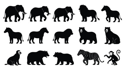 Naklejka premium A set of black silhouette illustrations of various wild animals, including elephants, lions, horses, zebras, bears, tigers, monkeys, and more
