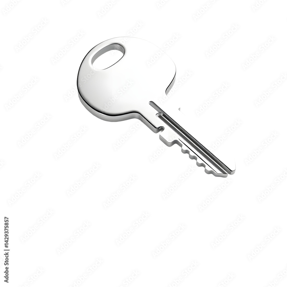 Aufkleber Shiny Chrome Key, Polished And Gleaming. 3d Rendered Key With A Reflective Surface. Security Concept, Access, And Control For Digital And Physical Worlds. A Simple Symbol Of Solutions.
