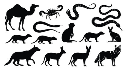 A set of black silhouette illustrations of various desert animals