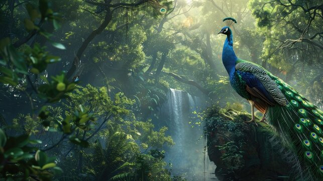 a peacock shows off his beauty in font of phenix king, in the forest, digital painting, realistic