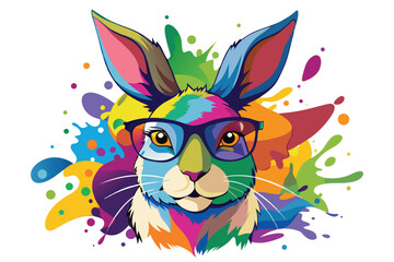 Fototapeta premium Colorful artistic rabbit in eyeglasses with colorful paint splatters on white background.