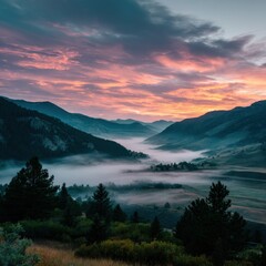 A serene mountain landscape at dawn, with mist covering the valleys and a colorful sky. 