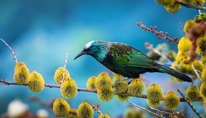 new zealand native bird tui is sitting on the branch of kowhai tree
