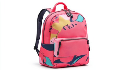 Contemporary pink backpack with artistic graphic patterns, padded back support, and ergonomic design, isolate on white background