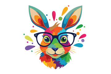Colorful artistic rabbit in eyeglasses with colorful paint splatters on white background.