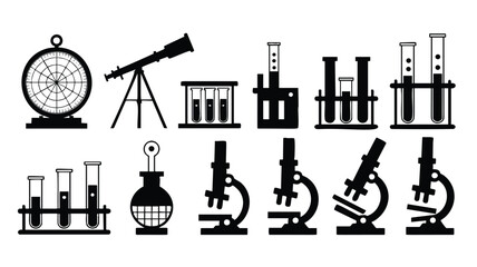 Obraz premium A set of simple, black and white silhouette icons representing various scientific instruments and equipment