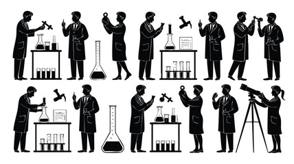 A collection of black and white silhouette illustrations of scientists working in a laboratory