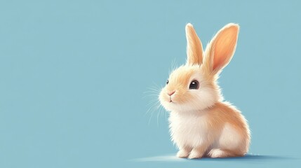 Obraz premium Sweet bunny with long ears and a gentle expression, sitting on a baby blue plain background 