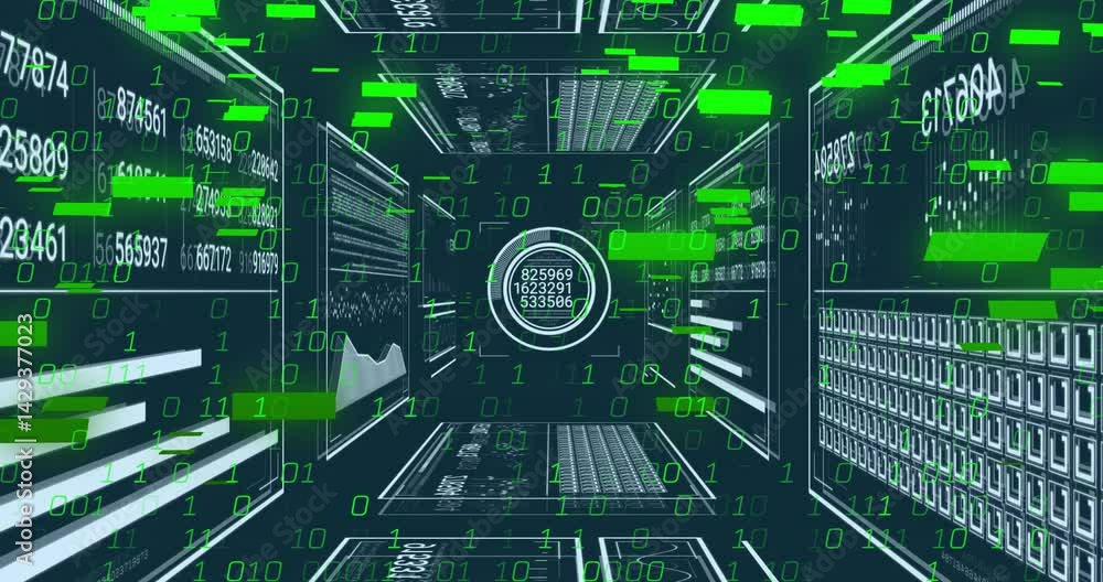 Aufkleber central circular interface rotating in data tunnel, streaming binary digits and panels in 3d render