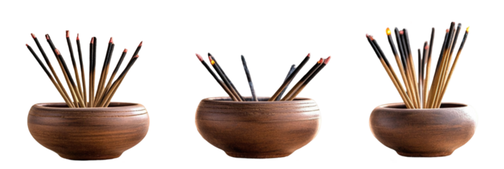 Elegant Wooden Bowls with Incense Sticks for Aromatherapy and Meditation on transparent background