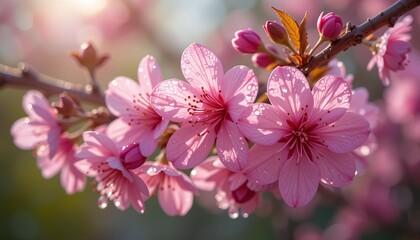 Obraz premium Exquisite close-up of dewy pink blossoms with water droplets, AI-generated