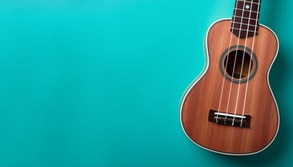 Obraz premium brown ukulele isolated on abstract pastel turquoise background with wide copy space