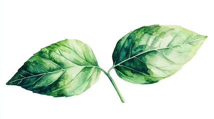 Obraz premium A watercolor depiction of a leaf on white canvas with a green stalk protruding from its center