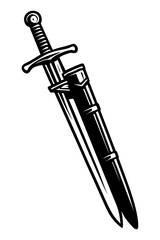 Naklejka premium Vector illustration of a sword partially inside its scabbard in black and white. Represents history, weaponry, and fantasy.