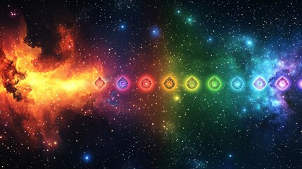 Naklejka premium Vivid Cosmic Scene Featuring Nine Illuminated Emblems in a Rainbow Spectrum Array, Set Against a Colorful Nebula with swirling Fire and Ice Hues, Bright Stars and Intricate Digital Art