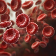 Vivid 3D Microscopic Red Blood Cells Illustration Showing Biconcave Shape with Textured Surfaces Floating Against Blurred Light Grey and Brown Background for Scientific, Medical