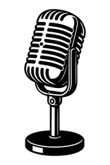 Vector illustration of a vintage (retro) microphone on a stand in black and white. Represents voice, recording, and broadcast.