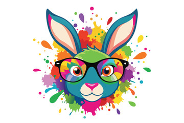 Fototapeta premium Colorful artistic rabbit in eyeglasses with colorful paint splatters on white background.