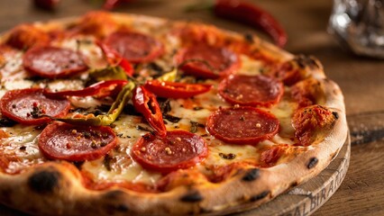 Extreme close-up of pizza alla diavola, spicy pizza topped with spicy salami, chili flakes, and hot peppers.