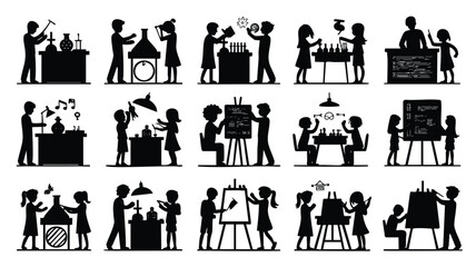 Black and white silhouette illustrations of children actively participating in various educational settings