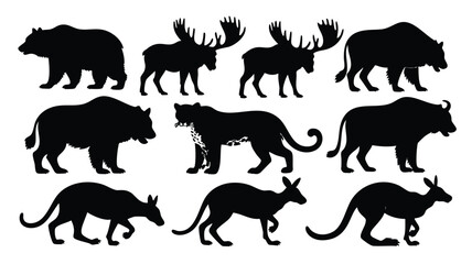 Fototapeta premium A collection of black silhouette animal profiles, including bears, moose, tigers, and kangaroos