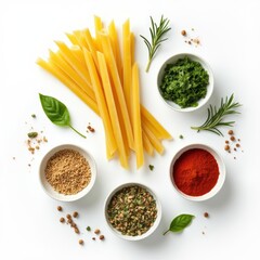 Italian cooking ingredients with pasta and herbs isolated


